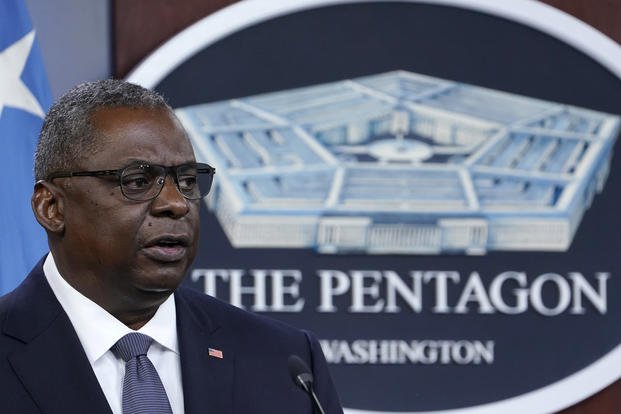 Secretary of Defense Lloyd Austin speaks during a briefing at the Pentagon