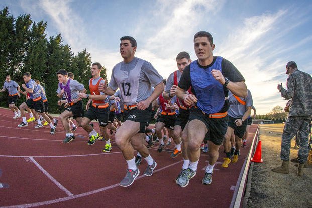 ROTC cadets run two miles for their Army physical fitness test at Clemson University