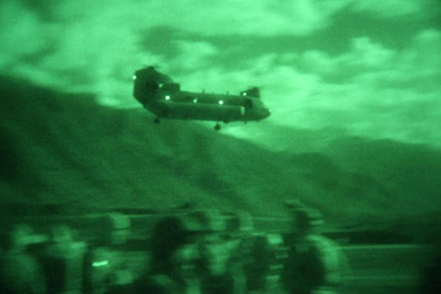 CH-47 Chinook takes off from Forward Operating Base Bostick in the Ghaziabad province, Afghanistan