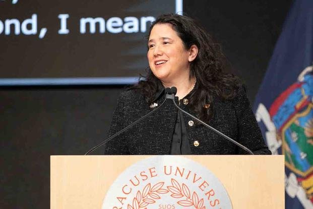 SBA Administrator Isabella Casillas Guzman speaks at the opening of the National Veterans Resource Center in Syracuse, New York in November 2021. (Courtesy of Syracuse University)