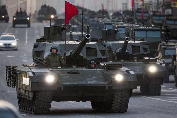 New Russian military vehicles prepare for a parade marking the 70th anniversary of victory in World War II.