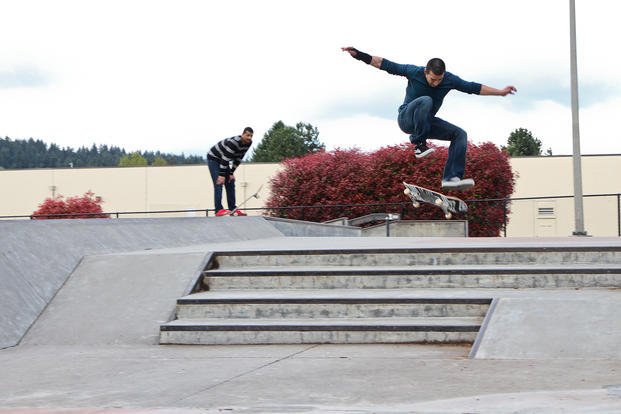 A soldier skateboards in Tacoma, Wash.