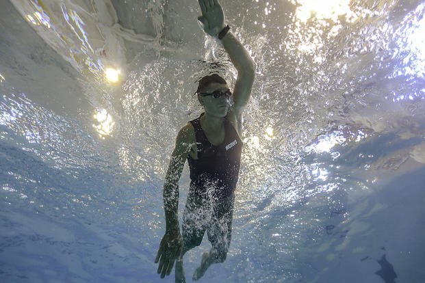 A Marine swims in the combat training pool at Parris Island.