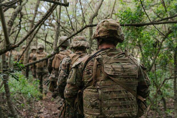 U.S. Army soldiers and U.S. Marines move through the jungle in Hawaii
