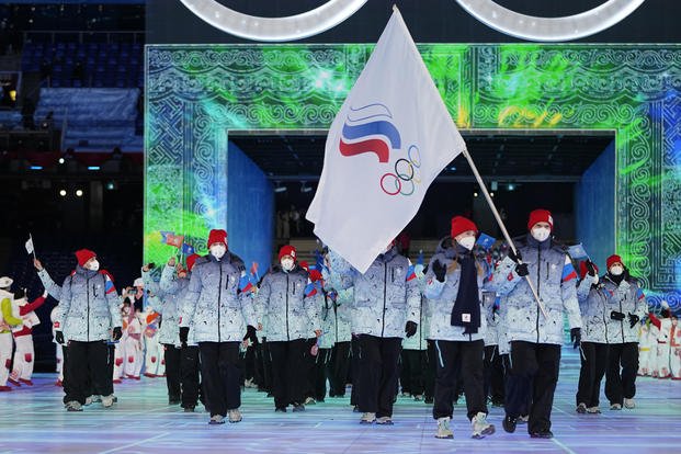 The Russian Olympic Committee during the opening ceremony of the 2022 Winter Olympics.