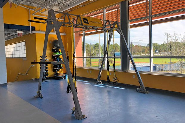 TRX suspension trainers hang at the Island Recreation Center in Hilton Head Island, South Carolina. 