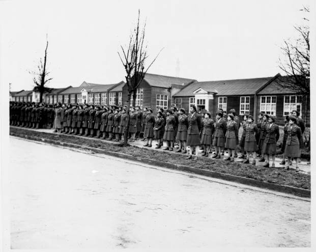 members of the 6888th battalion stand in formation in Birmingham, England