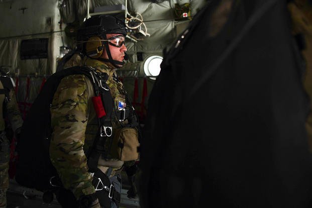 A U.S. Air Force pararescueman prepares to jump during a training mission over East Africa.