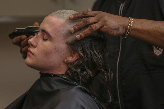 New recruits receive their first haircuts during receiving on Parris Island, S.C.