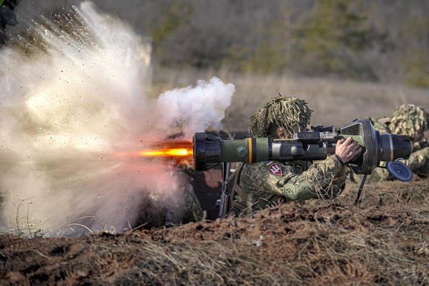 A Ukrainian serviceman fires an NLAW anti-tank weapon during an exercise.