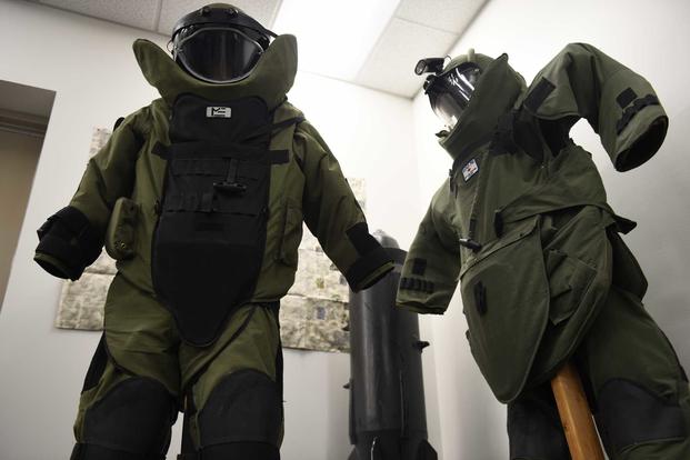 A bomb suit display at Fairchild Air Force Base.