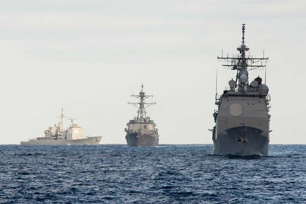 Ships from Destroyer Squadron 26 transit the Atlantic Ocean.