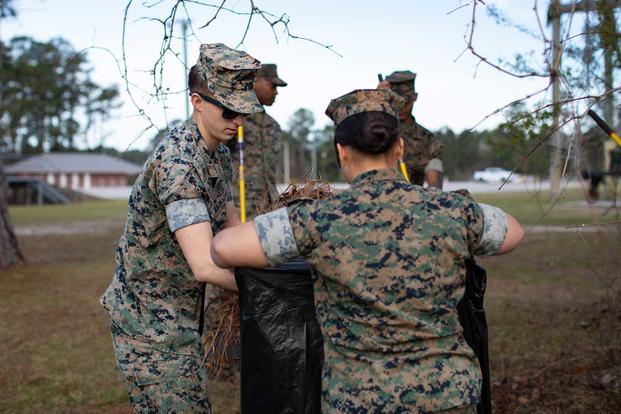 Marines dispose leaves during a base-wide clean-up on Camp Johnson.