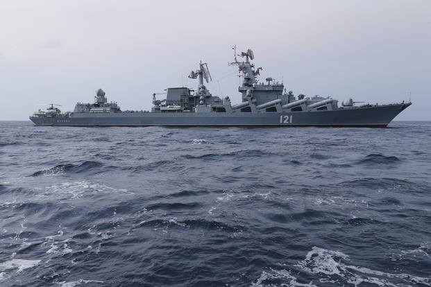 Russian navy missile cruiser Moskva is on patrol in the Mediterranean Sea near the Syrian coast