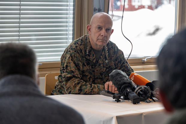 Gen. David Berger speaks to members of the media in Norway.