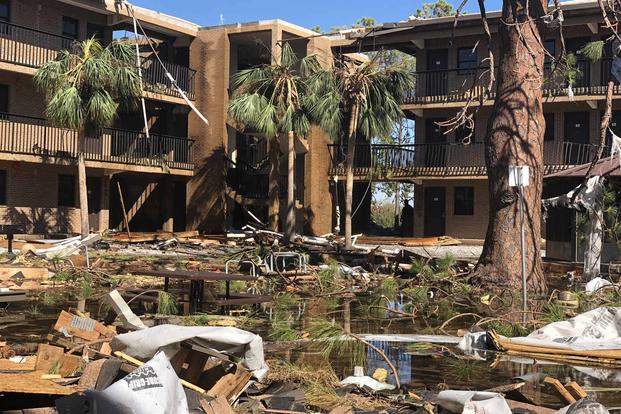 Housing complex at Tyndall AFB sits flooded following Hurricane Michael.