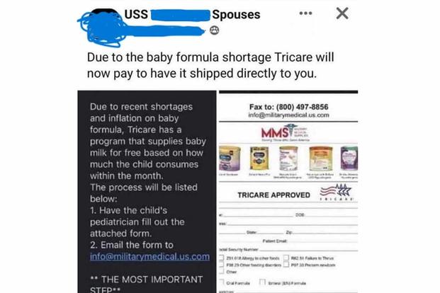 Facebook post about baby formula from group for military spouses