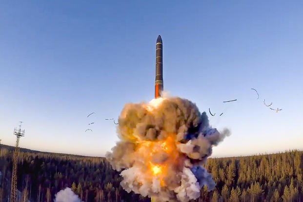 A ground-based intercontinental ballistic missile is launched in northwestern Russia.