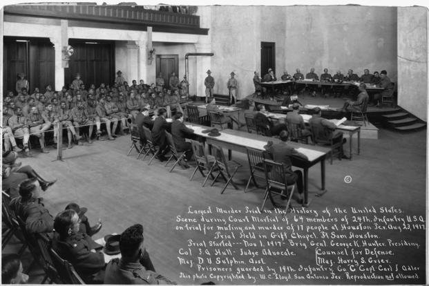 A court-martial of 64 members of the All-Black 24th Infantry Regiment is held on Nov. 1, 1917, at Fort Sam Houston in San Antonio, stemming from the Houston Race Riot more than two months earlier. (National Archives and Records Administration photo)