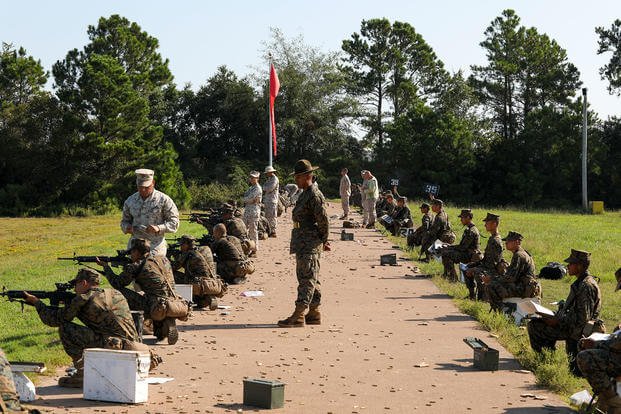 Recruits fire their rifles on Marine Corps Recruit Depot Parris Island
