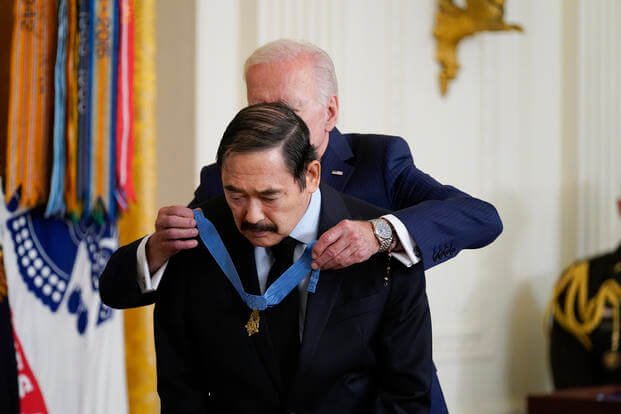 President Joe Biden awards the Medal of Honor to Spc. Dennis Fujii for his actions on Feb. 18-22 1971, during the Vietnam War, during a ceremony in the East Room of the White House, Tuesday, July 5, 2022, in Washington. (AP Photo/Evan Vucci) Medal of Honor to Spc. Dennis Fujii.