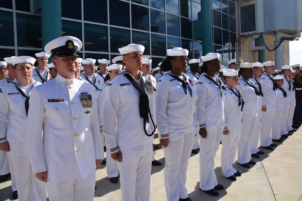 The USS Fort Lauderdale (LPD 28) crew stand during the commissioning ceremony for the ship. 