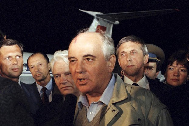 Soviet President Mikhail Gorbachev speaks to a Soviet TV newsman.