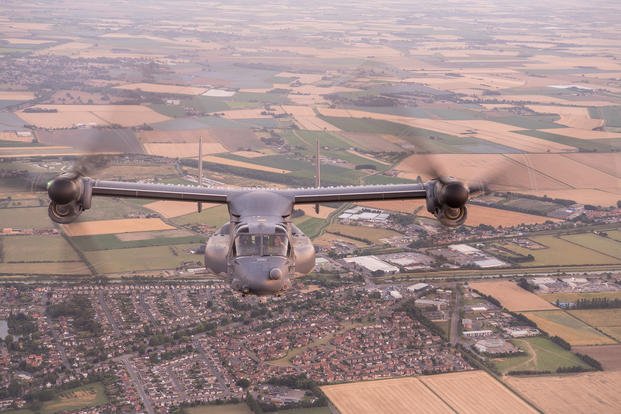 U.S. Air Force pilots assigned to the 352d Special Operations Wing traverse the sky in a CV-22B Osprey during local training, United Kingdom.