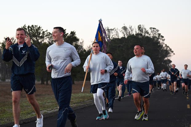 Members of Space Launch Delta 30 pace one another during the monthly Delta Dash on Nov. 5, 2021, at Vandenberg Space Force Base, California.