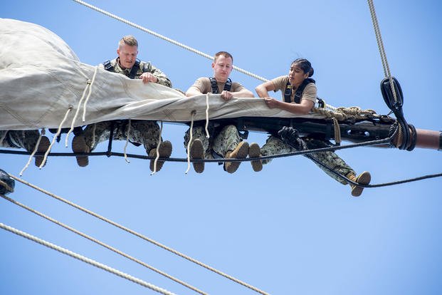 U.S. Navy petty officers first class, selected for promotion to chief petty officer, participate in a climbing evolution during Chief Petty Officer Heritage Weeks in Boston, Sept. 29, 2022. (Seaman Andrea Wilson/U.S. Navy photo) U.S. Navy petty officers first class, selected for promotion to chief petty officer, participate in a climbing evolution during Chief Petty Officer Heritage Weeks in Boston.