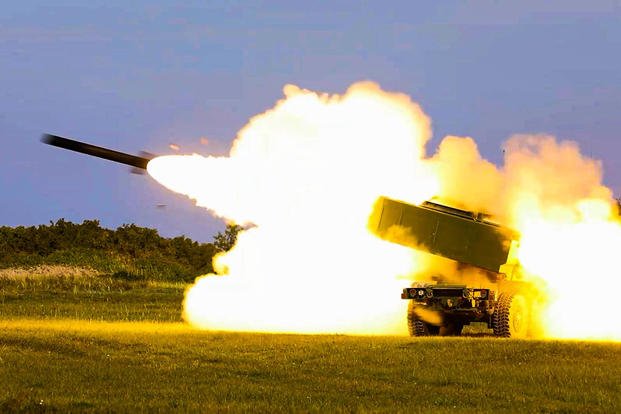 Two reduced-range practice rockets (RRPR), fired from an M142 High Mobility Artillery Rocket System (HIMARS) attached to Baker Battery, 3rd Battalion, 321st Field Artillery Regiment, 18th Fires Brigade, fly over the Baltic Sea during a Latvian-led combined military exercise in Liepāja, Latvia, Sept. 27, 2022. (Spc. Ellison Schuman/U.S. Army photo) Two reduced-range practice rockets (RRPR), fired from an M142 High Mobility Artillery Rocket System (HIMARS) attached to Baker Battery, 3rd Battalion, 321st Field Artillery Regiment, 18th Fires Brigade, fly over the Baltic Sea during a Latvian-led combined military exercise in Liepāja, Latvia.