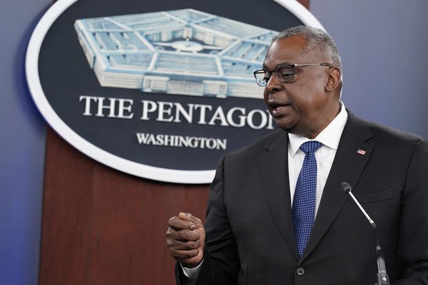 Defense Secretary Lloyd Austin speaks during a briefing at the Pentagon