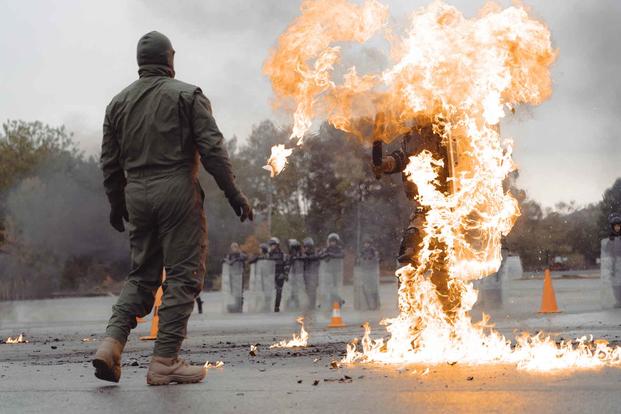 North Macedonian soldiers conduct “fire phobia” training.