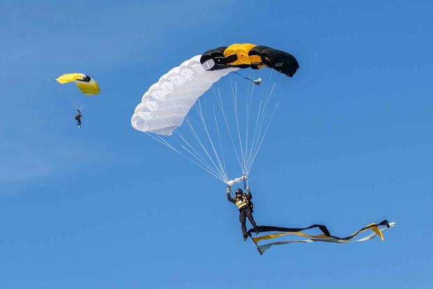 Two cadets on the West Point Parachute Team fly into Michie Stadium at the U.S. Military Academy. (Sgt. Kelsey Simmons/U.S. Army) West Point Parachute Team fly into Michie Stadium.
