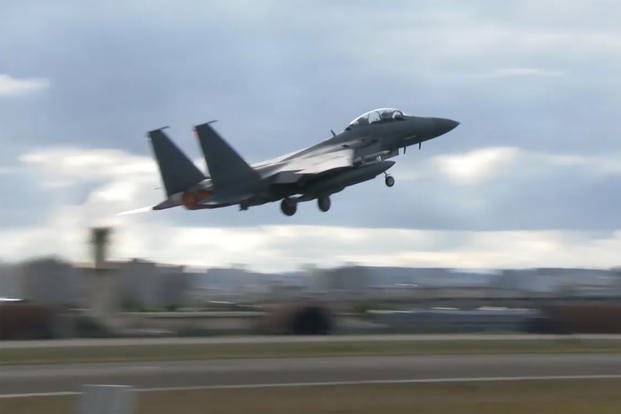 South Korean Air Force's F15K fighter jet takes off