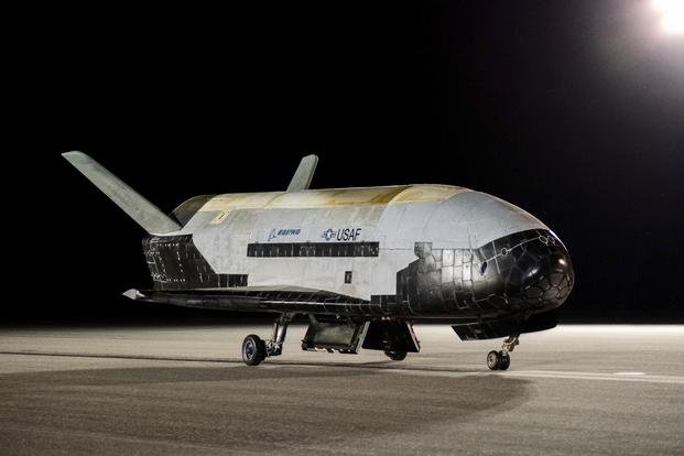 The Boeing-built X-37B Orbital Test Vehicle is shown at NASA’s Kennedy Space Center.