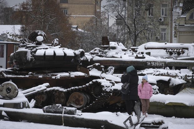 Damaged Russian military vehicles in central Kyiv, Ukraine.