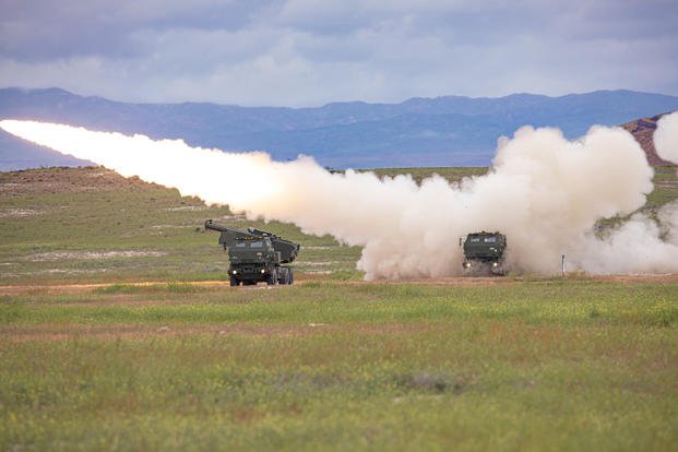 Fire direction specialists with 5th Battalion, 113th Field Artillery Regiment, North Carolina National Guard, fire the M142 High Mobility Artillery Rocket System (HIMARS) during Western Strike 22 at Orchard Combat Training Center, Idaho.