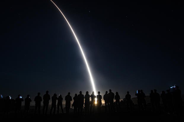 An Air Force Global Strike Command unarmed Minuteman III Intercontinental Ballistic Missile launches during an operational test at Vandenberg Space Force Base, Calif.