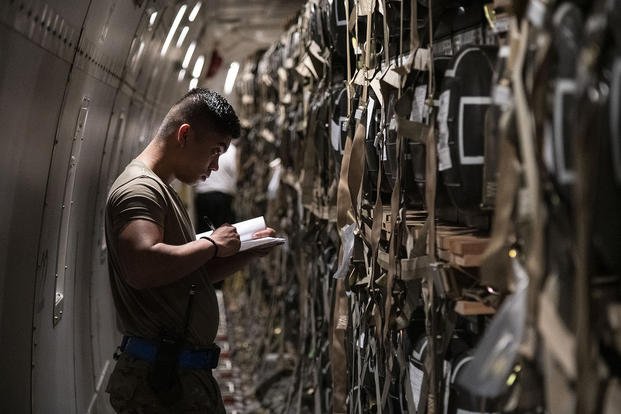 Senior Airman Jansen Esteves, 436th Aerial Port Squadron special handler, verifies shipment information for supplies bound for Ukraine during a foreign military sales mission at Dover Air Force Base, Delaware.