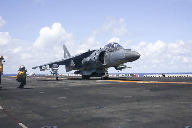 AV-8B Harrier takes off from the flight deck of the amphibious assault ship USS Boxer (LHD 4)