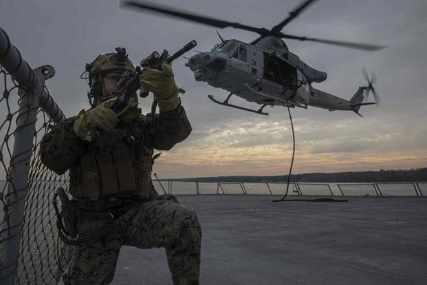 Marine secures a landing zone during exercise in Virginia.