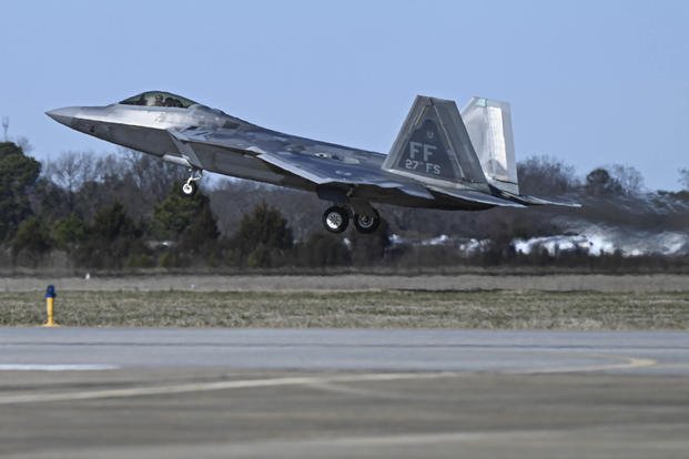 U.S. Air Force pilot taking off in an F-22 Raptor at Joint Base Langley-Eustis