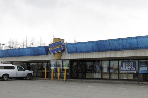 This file photo shows the exterior of a Blockbuster Video store in Anchorage, Alaska, that closed in 2018. 