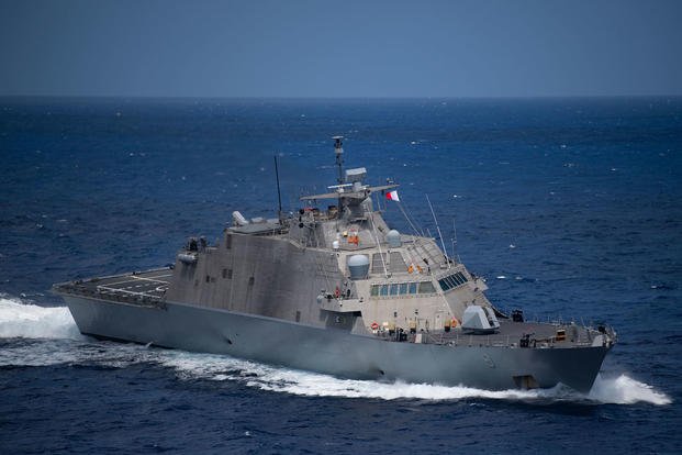 The Freedom-class littoral combat ship USS Little Rock (LCS 9) underway in the Caribbean Sea