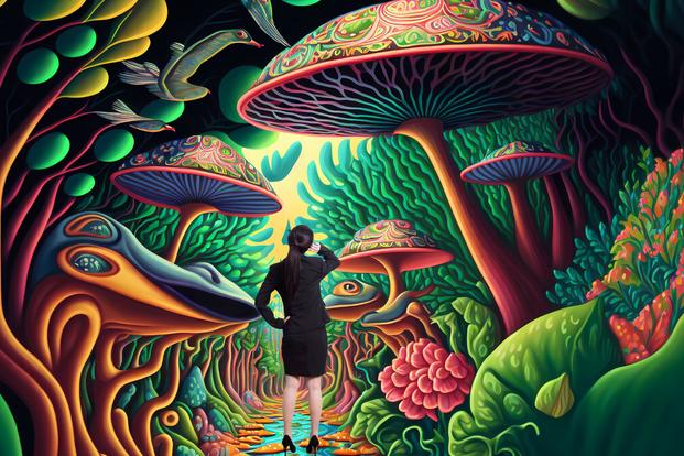 business woman ponders imaginary mushroom landscape