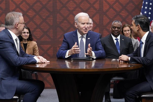 President Biden with British Prime Minister Rishi Sunak and Australian Prime Minister Anthony Albanese. 