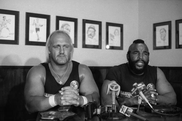 World Wrestling Federation heavyweight champion Hulk Hogan, left, and Mr. T. appear at a news conference on Sunday, March 18, 1985, in New York’s Madison Square Garden. Mr. T will make his professional wrestling debut on March 31 at Wrestlemania. 