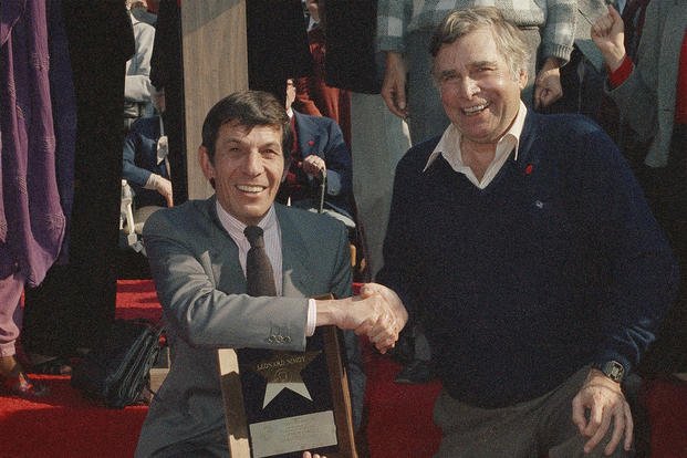 Leonard Nimoy shakes hand with ‘Star Trek’ creator Gene Roddenberry after receiving his star on the Hollywood Walk of Fame in Los Angeles.
