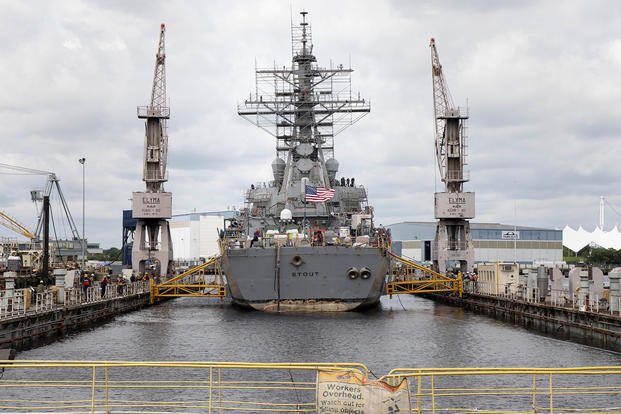 The guided-missile destroyer USS Stout (DDG 55) prepares to drydock at BAE Systems Ship Repair Norfolk, Virginia, for a docking selected restricted availability (DSRA).